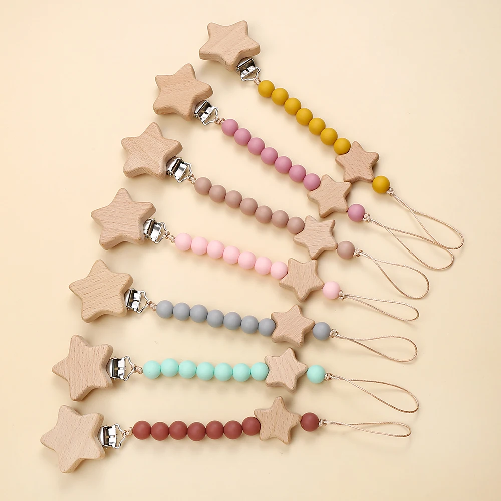 Buche Baby Schnuller Halter Clip Holz Fünfzackigen Stern Bunte Silikon Runde Zahnen Kette Für Baby Beschwichtigen Schnuller Kette Image