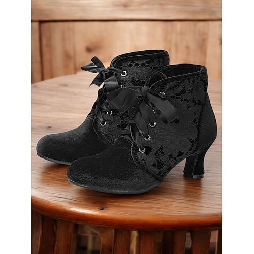 Damenstiefeletten aus grünem Samt im viktorianischen Vintage-Stil mit Spitzeneinsätzen bequem und stilvoll für Cosplay und besondere Anlässe Image