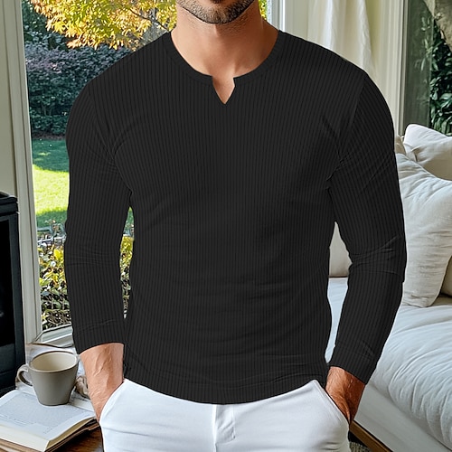 Herren T Shirt Muskelshirt Geripptes Strick-T-Shirt T-Shirt Langarm V Ausschnitt N / A Einfach Grubenstreifen Basic Stricken Heim Alltagstauglich Haus Hellblau Schwarz Weiß Top T-Shirt für Herren Image