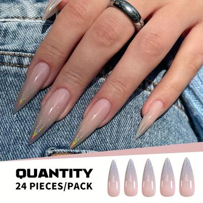 TEMU Charm 24pcs Extra Long Water Drop Style Fashion Silvery Glitter French Gradient Pink Ice Transparent Simple Send Jelly Glue Send Scrub Strip Full Coverage Nail Art Set Suitable For Party Dance
