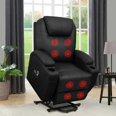 Flamaker Power Lift Recliner Chair PU Leather with Massage Classic Single Sofa Home Theater Seat (Leather, Light Black)