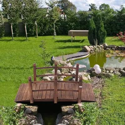 5 ft Garden Bridge, Classic Wooden Arch Stained Finished Footbridge, Decorative Pond Landscaping,