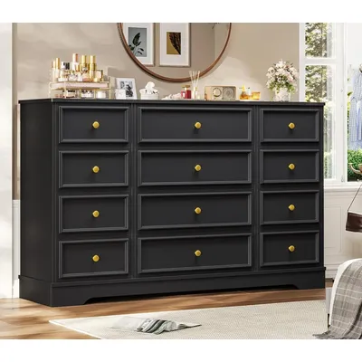 Large 61.4'' Black Dresser with 12 Drawers for Bedroom, Modern Chest of Drawers, Wooden Storage