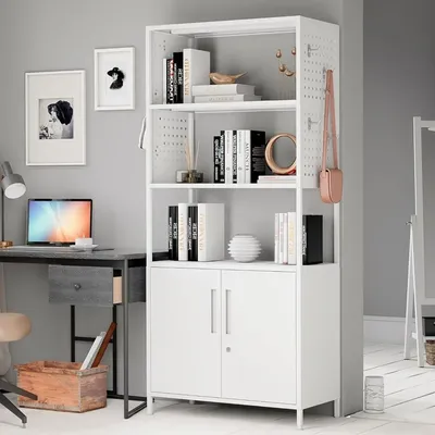 5-layer bookshelf, high bookshelf with door, modern display cabinet with lock, storage rack for