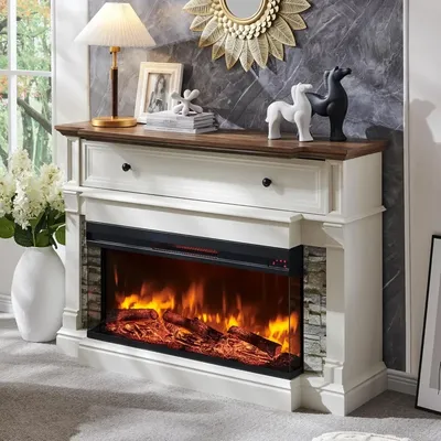 Electric Fireplace with Mantel, 3-Sided Glass Farmhouse TV Stand with Fireplace for TVs up to 65",