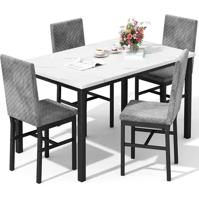 Dining Table Set for 4 Kitchen and Chairs Set of 4 Faux Marble Dining Room Set Dinner with 4 Velvet