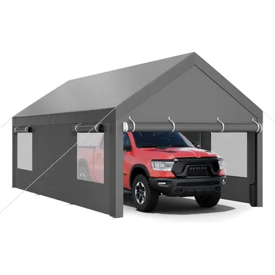 Carport, 12x20 FT Heavy Duty Carport Reinforced Steel Poles with Removable Sidewalls & Doors,