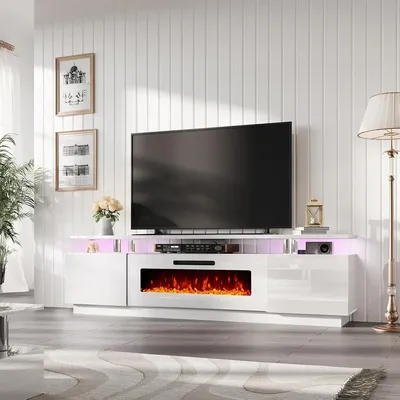 Fireplace TV Stand with 40" Fireplace, 80" Modern High Gloss Fireplace Entertainment Center LED