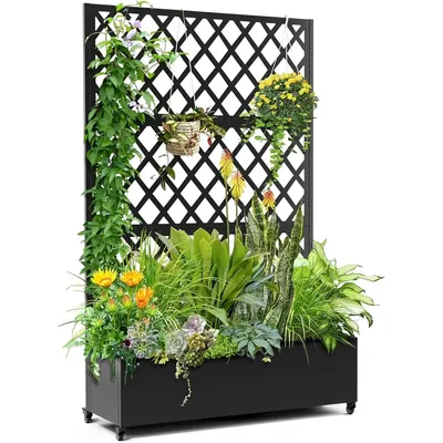 Metal Planter Box with Diamond Lattice Trellis Planter Box for Climbing Plants/Vines, Garden Bed