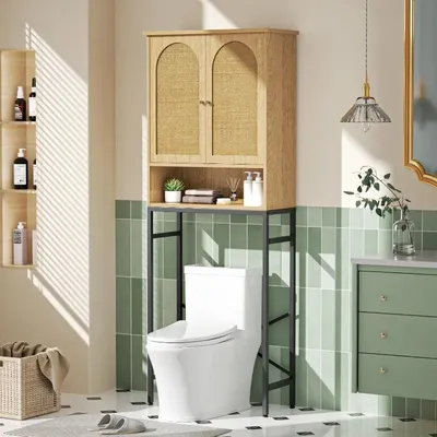 Rattan Toilet Storage Cabinet, Over the Rack Wood Cabinet with Metal Stand, Bathroom Organizer with