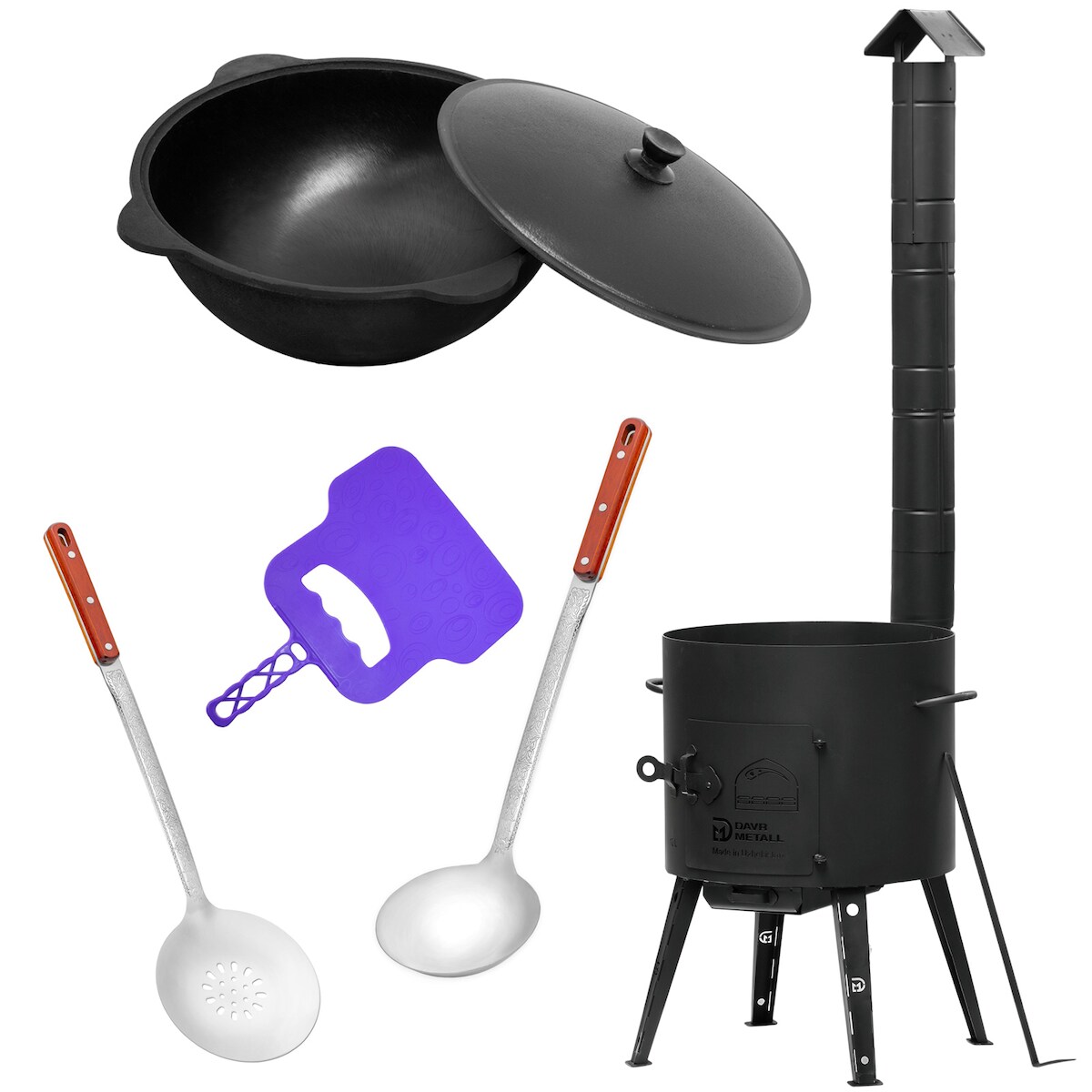 4BIG.fun Ø36 Uchag 2mm stahl Utschak mit Abzugsrohr 10L Kazan Eben Grillfächer Schaumkelle Suppenkelle Utschak Utschag Kasan Feldküche Außenküche Eintopfofen Image