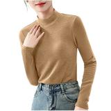 Wyobmus Womens Turtleneck Shirts Long Sleeve Fleece Undershirts Slim Fit Tops Mock Neck Base Layer Tops Khaki