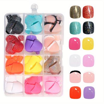 TEMU 288pcs Short Square Press-on Toenails Set - Glossy Finish, Pure Color & Glitter Variety, Full Cover False Nail Tips For Feet, 12 Colors Transparent Fake Toe Nails Kit Image