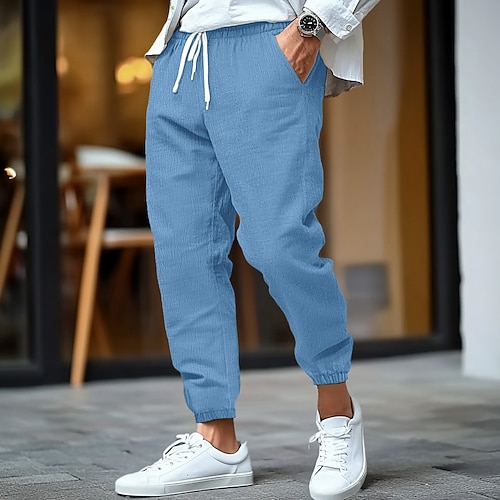 Per uomo Pantaloni di Lino Pantaloni Pantaloni Estivi Elastico in vita Gamba Dritta Vita alta Tinta unica Comodità Traspirante Lunghezza intera Affari Affari Nero Bianco Vita Alta Inelastico