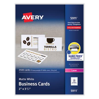 Avery Printable Microperforated Business Cards w/Sure Feed Technology, Laser, 2 x 3.5, White, 2,500 Cards, 10/Sheet, 250 Sheets/Box (AVE5911) Pack of