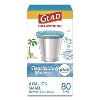 Glad Small Kitchen Drawstring Trash Bags, 4 gal, Beachside Breeze Scent, 0.5 mil, 18" x 17", Blue, 80/Box (CLO79155) Box of 80 Glad® Drawstring & Kitc