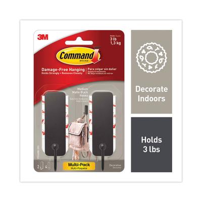 Command Decorative Hooks, Medium, Plastic, Matte Black, 3 lb Capacity, 2 Hooks and 4 Strips/Pack (MMM17034MB2ES) Pack of 2 CommandTM Hangers/Hooks