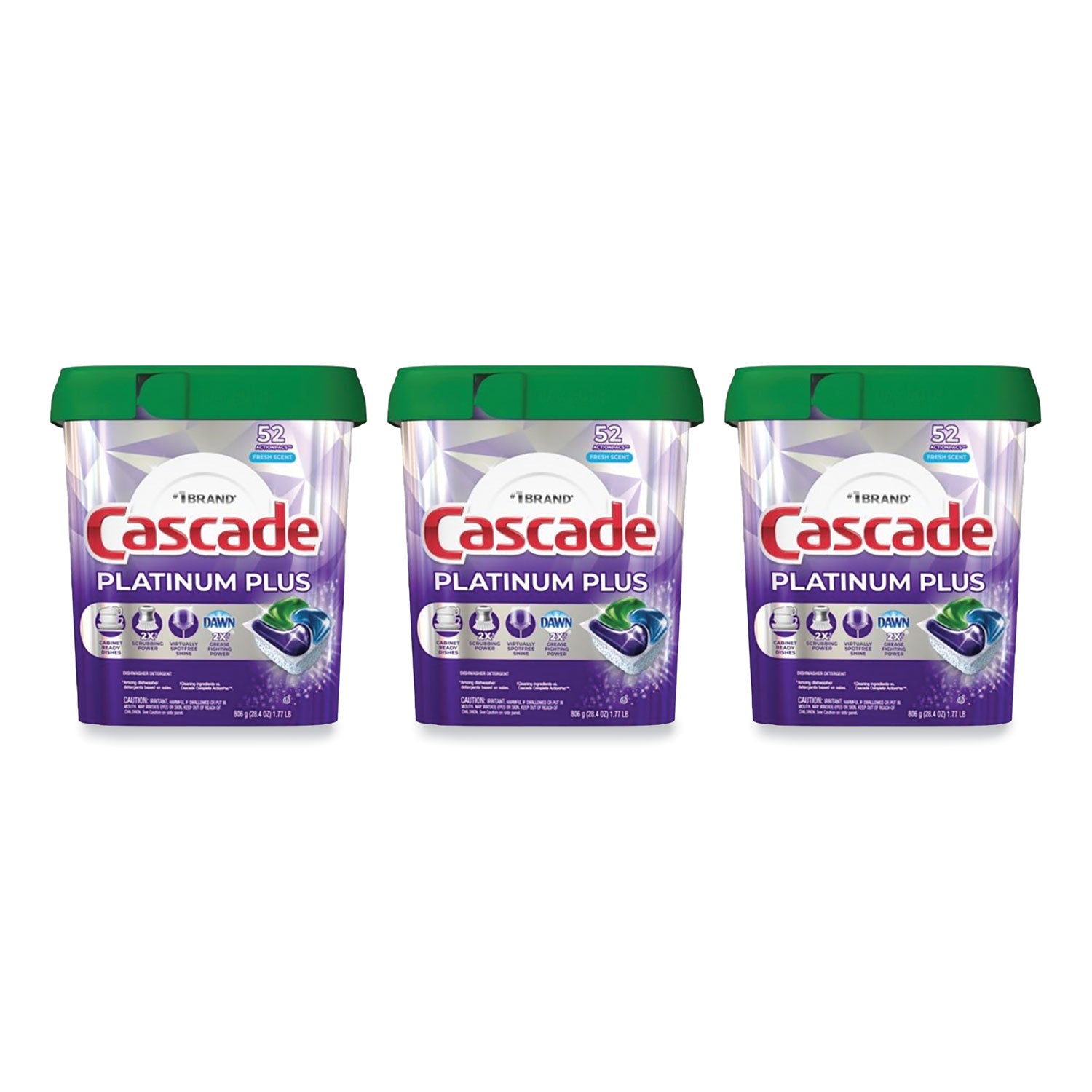 Cascade 06156 Platinum Plus ActionPacs Dishwasher Detergent Pods, Fresh Scent, 28.4 oz Tub, 52/Tub, 3 Tubs/Carton - Case of 3 PGC06156