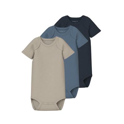 Kurzarmbody NAME IT "NBNBODY 3P SS SOLID RIB NOOS", Baby, Gr. 62, N-Gr, blau (china blau), Sweatware, Obermaterial: 100% Baumwolle, unifarben, casual, regular fit, Rundhals, Langarm, Bodies Image