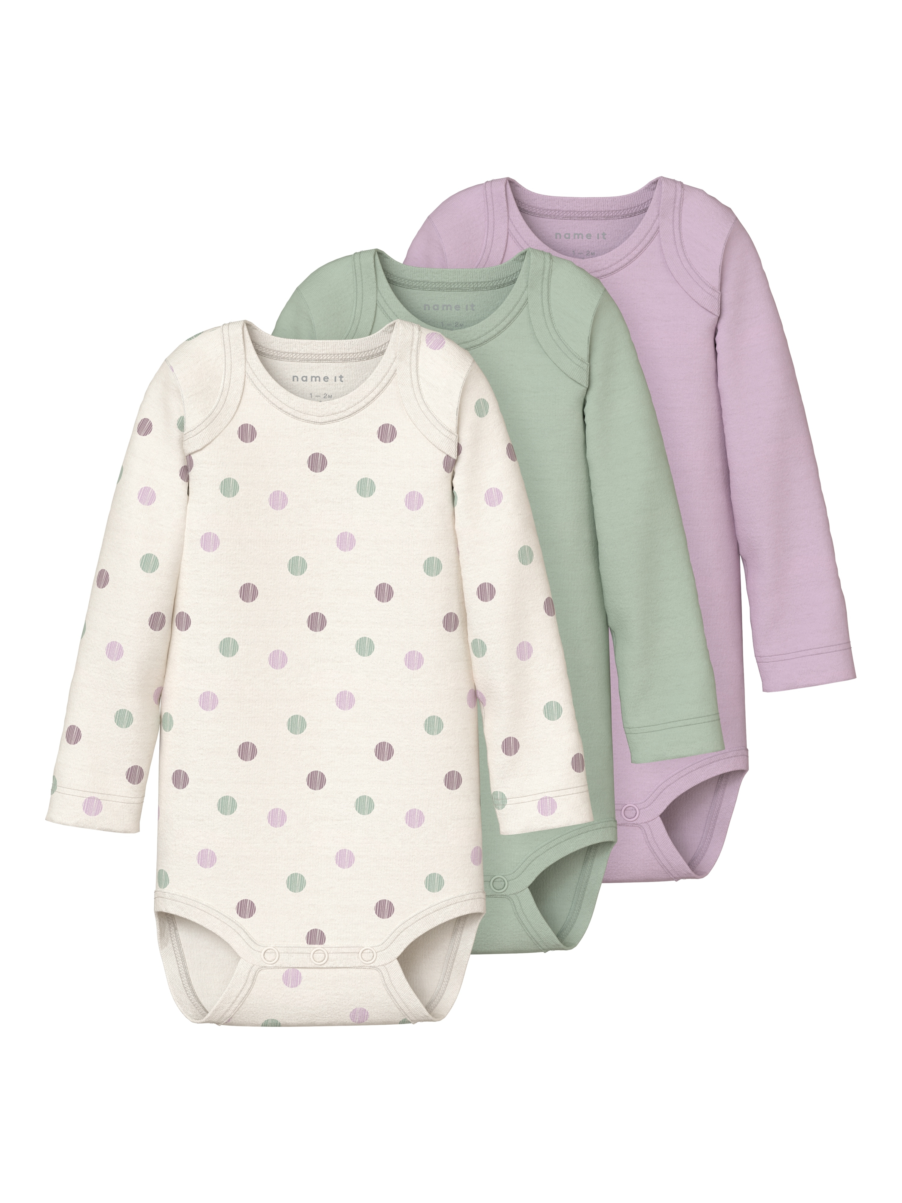 Body NAME IT "NBFBODY 3P LS JET STREAM DOT NOOS", Baby, Gr. 62, N-Gr, grün (jet stream), Sweatware, Obermaterial: 100% Baumwolle, bedruckt, Casual, regular fit, Bodys Image