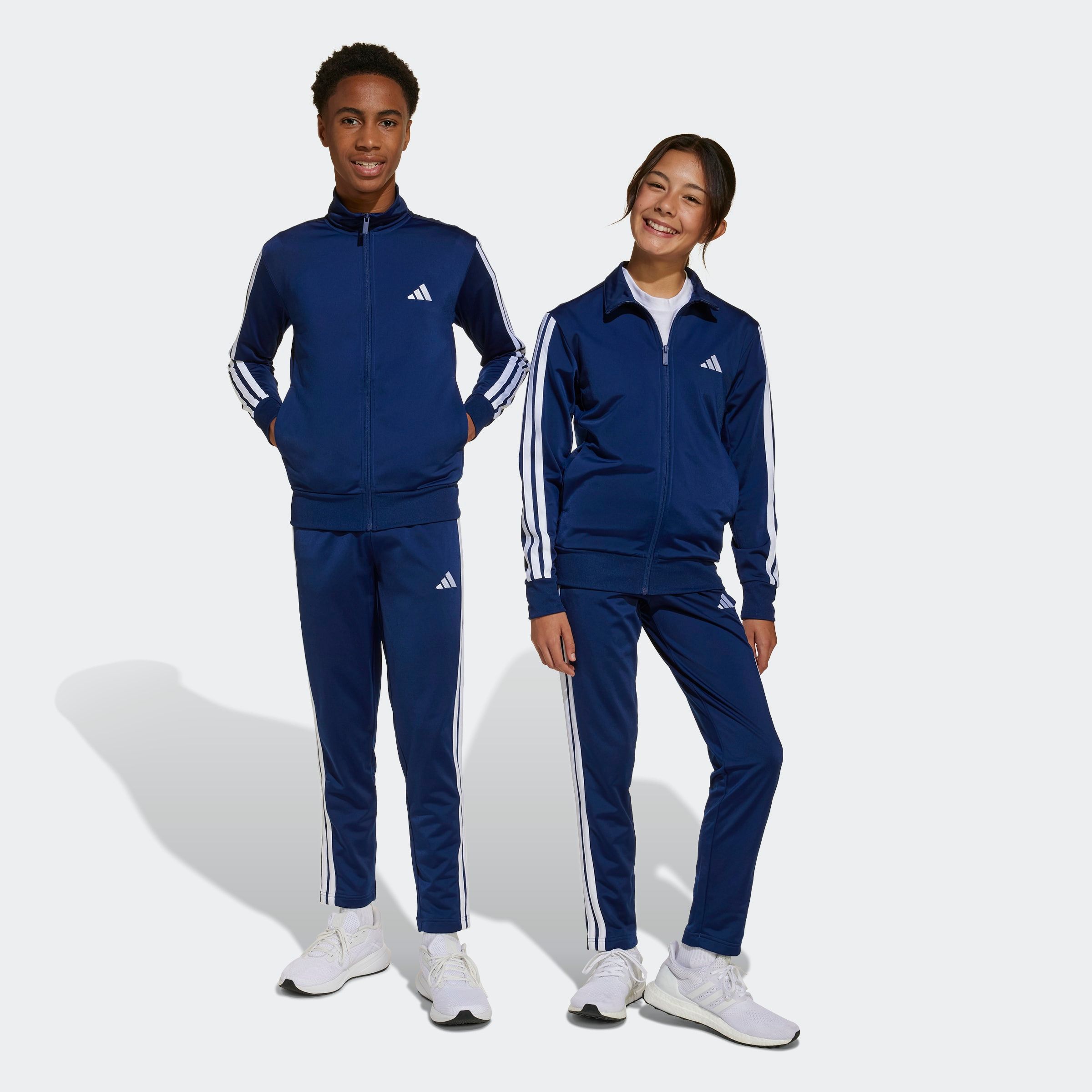 Trainingsanzug ADIDAS SPORTSWEAR "J 3S TR TS 205", Kinder, Gr. 152, blau (dunkelblau, weiß), Obermaterial: 100% Polyester, Sportanzüge Image
