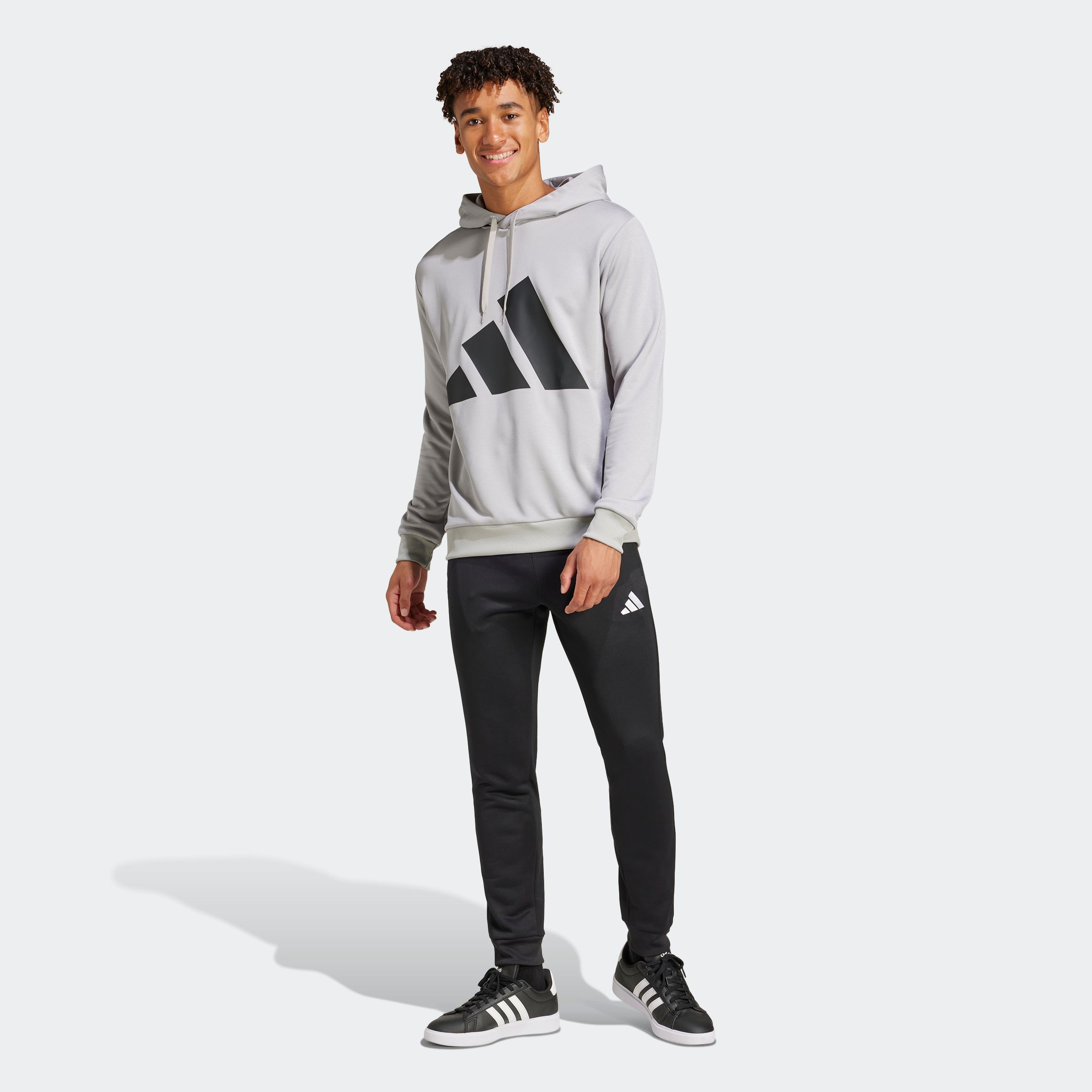 Trainingsanzug ADIDAS SPORTSWEAR "M BL FT HD TS", Jungen, Gr. M, grau (medium grau heather), Obermaterial: 100% Polyester, Sportanzüge Trainingsanzug, Set aus Hose und Hoodie, aus French-Terry-Material, zweiteilig