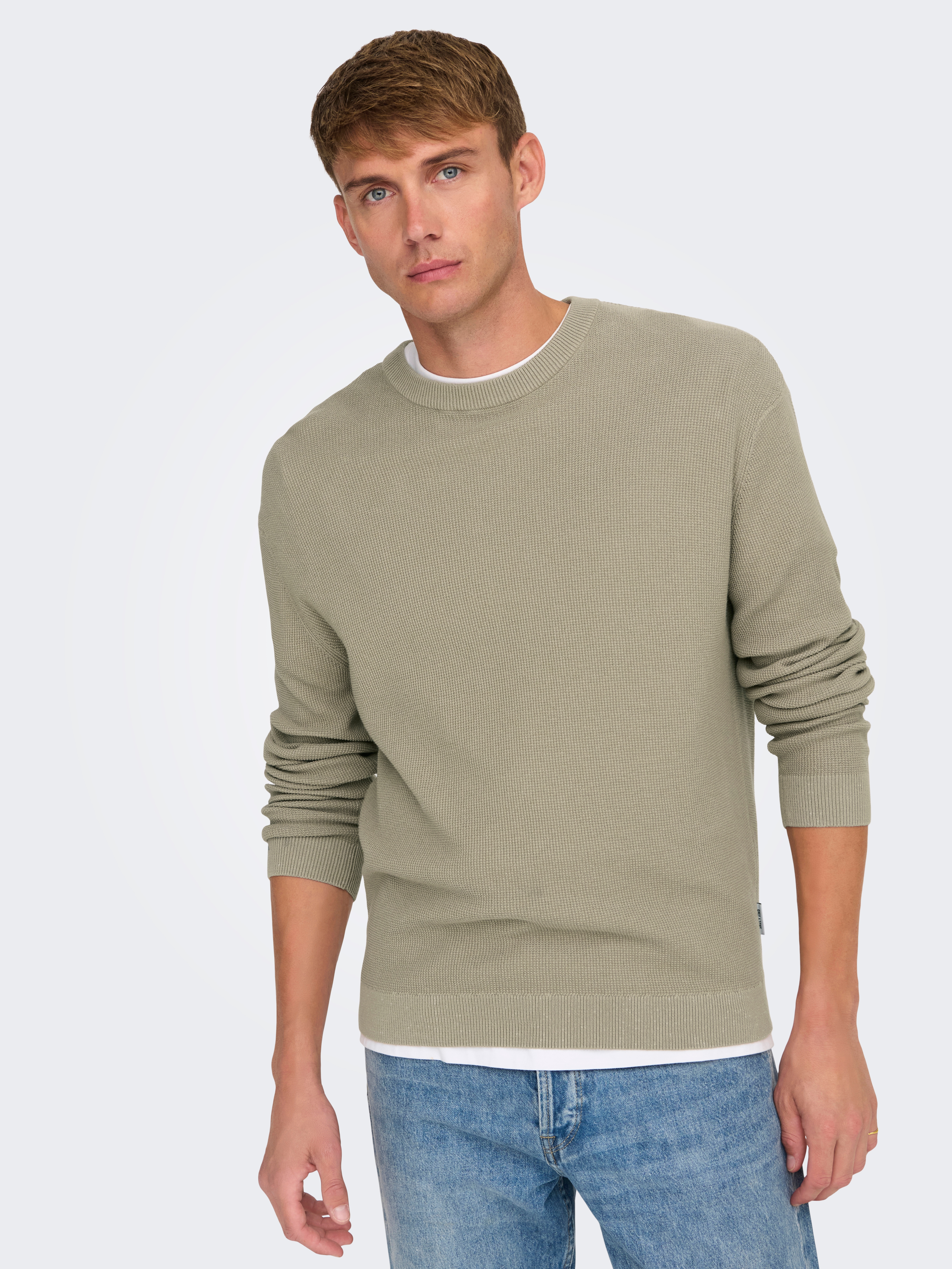 Rundhalspullover ONLY & SONS "ONSTONY DS 12 LS WAFFLE CREW KNIT", Herren, Gr. S, grau (string), Strick, Obermaterial: 100% Baumwolle, unifarben, normal, Rundhals, Bündchen, Pullover Image
