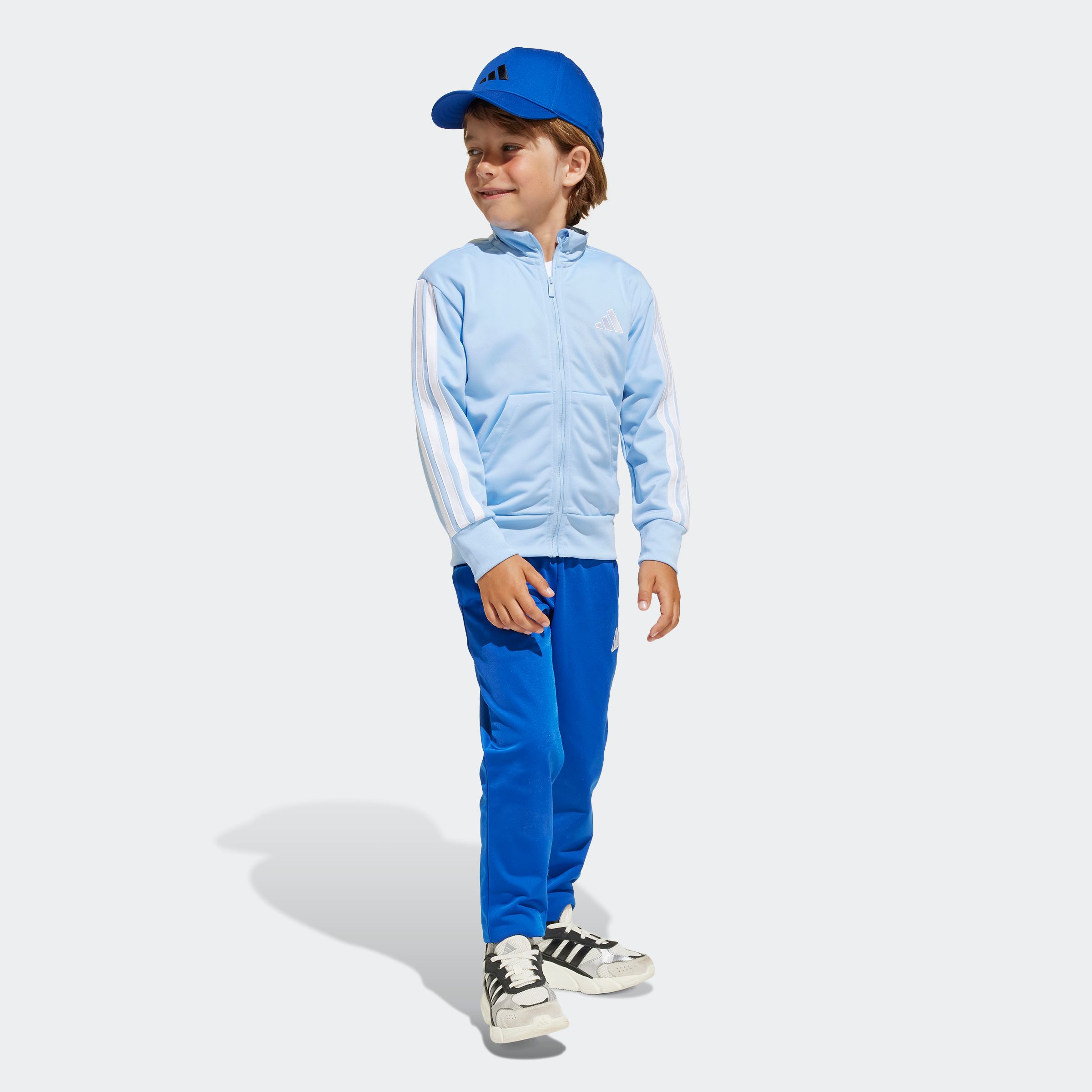 Trainingsanzug ADIDAS SPORTSWEAR "LK 3S TR TS 205", Kinder, Gr. 128, blau (glow blau, weiß), Obermaterial: 100% Polyester, Sportanzüge Image