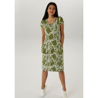 Sommerkleid ANISTON SELECTED, Damen, Gr. 38, N-Gr, grün (khaki, weiß), Jersey, Obermaterial: 95% Viskose, 5% Elasthan, bedruckt, geblümt, feminin, figurumspielend knieumspielend, Rundhals, Kurzarm, Kleider, mit zwei Eingriffstaschen Image