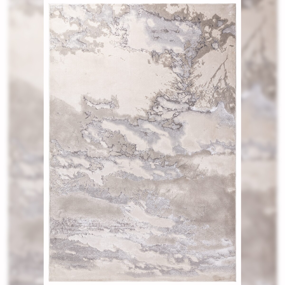 Teppich Hochglanz Metallic Abstraktes Wolkenmuster | 160x230cm, Flor 8mm | Silber/Cremeweiß/Grau | Como-Lecco Kollektion | Kadima Design Image