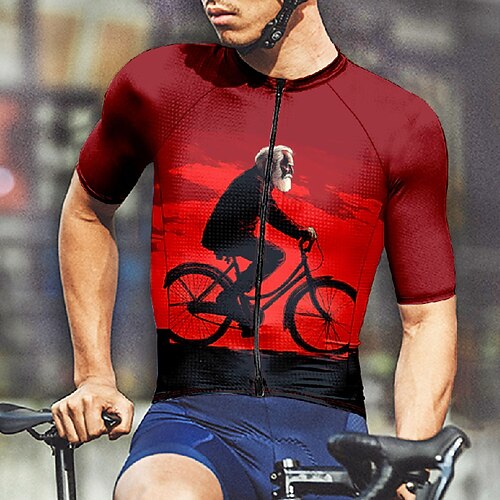 Herren Radtrikot Grafik Kurzarm Fahhrad T-Shirt Trikot mit 3 Gesäßtaschen Mountainbike MTB Schnelltrocknend Anatomisches Design Feuchtigkeitsableitend Atmungsaktiv Sport Rot Burgund Orange Bekleidung Image