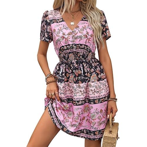 Damen kleid lang Casual kleid Boho-Kleid Stilvoll Brautkleider schlicht Urlaub Party Täglich Lockere Passform Graphic Kurzarm V Ausschnitt Schwarz Sommer Frühling