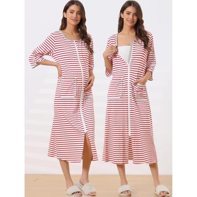 Women's Zip Front Robe 3/4 Sleeve Striped Long Bathrobe House Dress