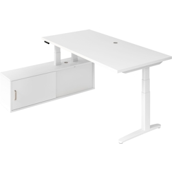 Hammerbacher Sitz-Stehtisch 200x100x65/130cm + Sideboard Weiß/Weiß Image