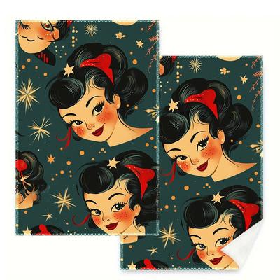 TEMU 2pcs Rockabilly Christmas Kitchen Towels, Polyester Dish Cloths, Contemporary Style, Space Theme, Patterned, Quick-dry, Absorbent, Machine Washable, 16x24 Inch, For Kitchen & Bathroom Image