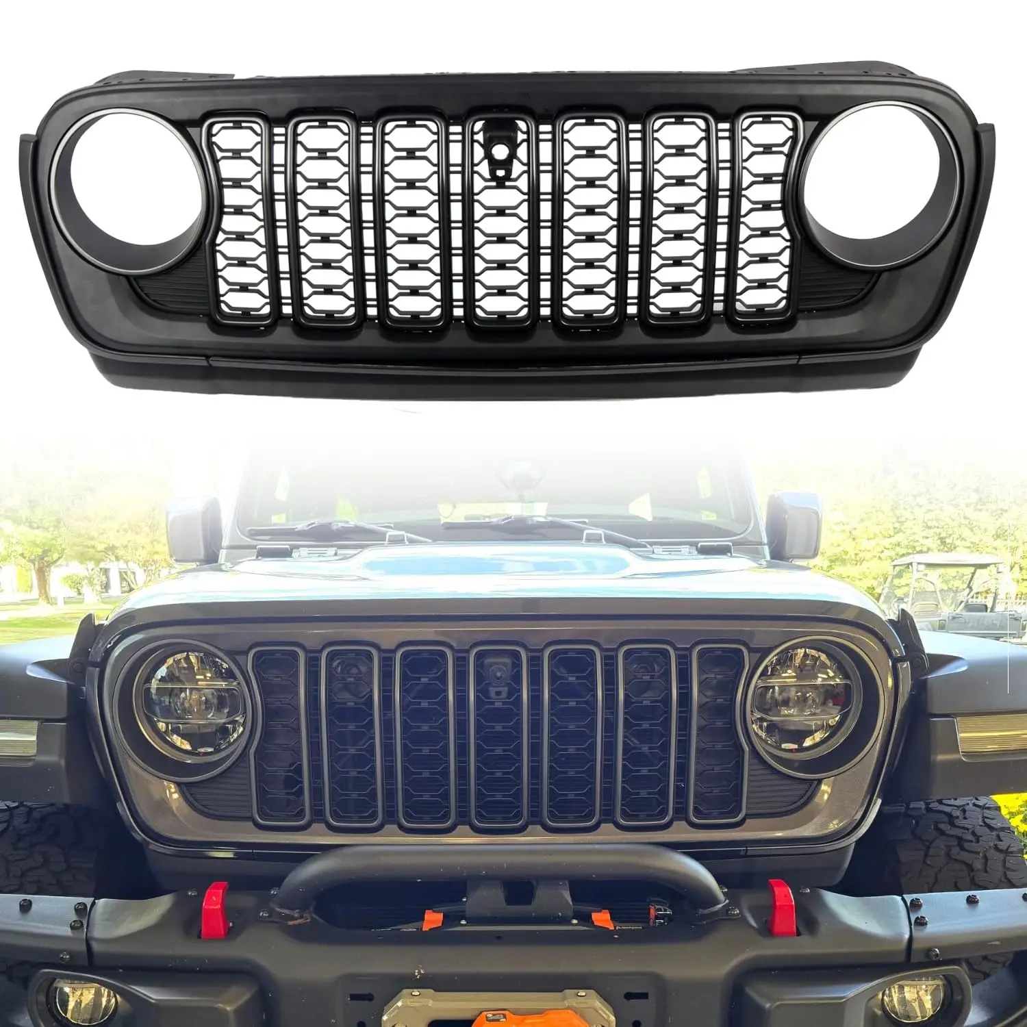 Frontgrill-Grillschutz mit Kameraloch für Jeep Wrangler JL 18–24 Gladiator ABS Matte Blackout 20th Anniversary Style
