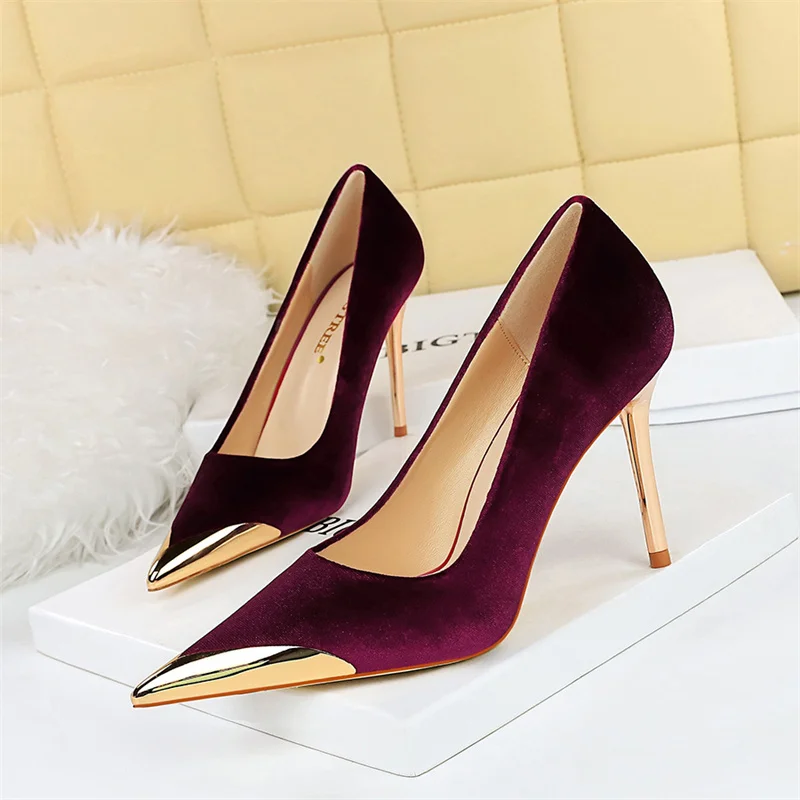 Women Fashion Comfort Suede High Heels Green Burgundy Pumps Metal Cap Pointed Toe Velvet Evening Party Office Single Shoes