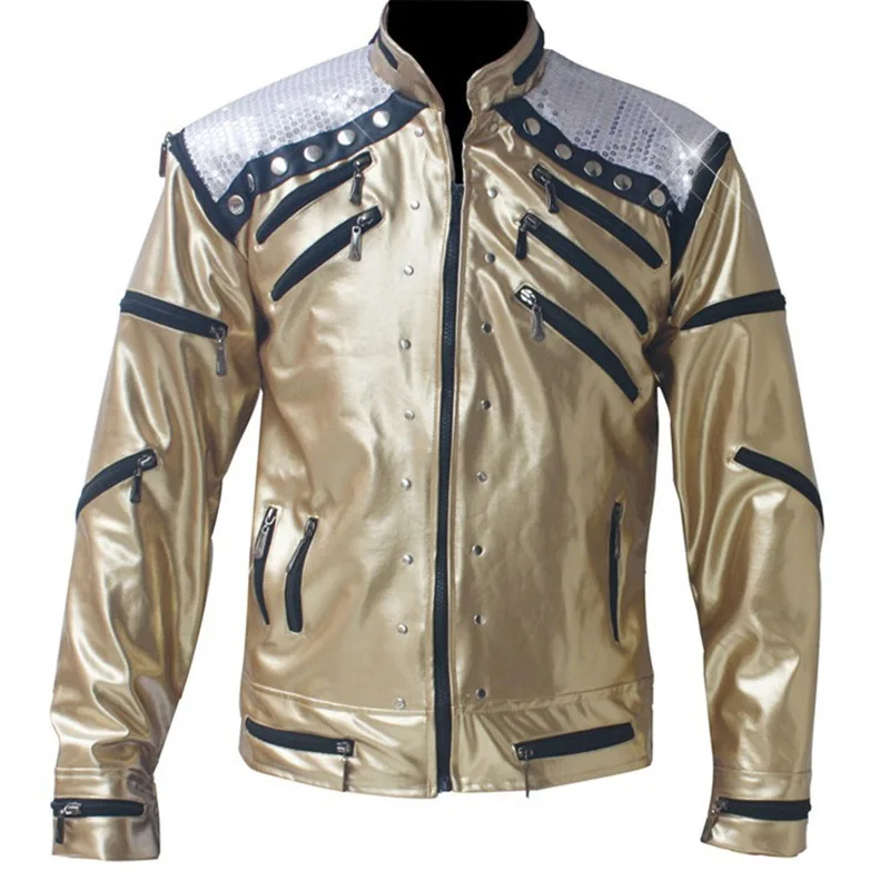 Seltene PUNK Rock Motorcycle Classic MJ MICHAEL JACKSON Kostüme Beat It Golden ZipperJacket