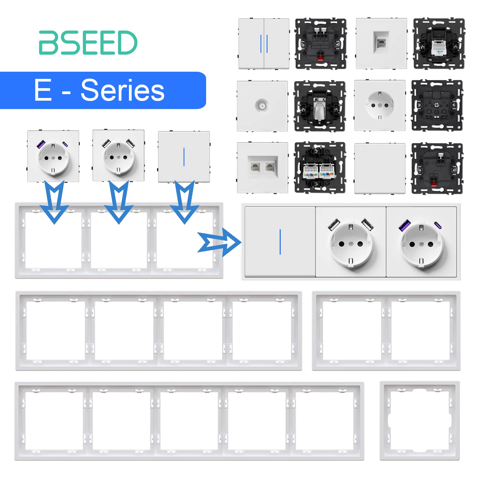 BSEED Taste Schalter Modul USB Telefon Lade Buchse Teile Wand Licht Schalter Schlüssel Einsatz Kunststoff Rahmen Kombination E Serie Weiß Image