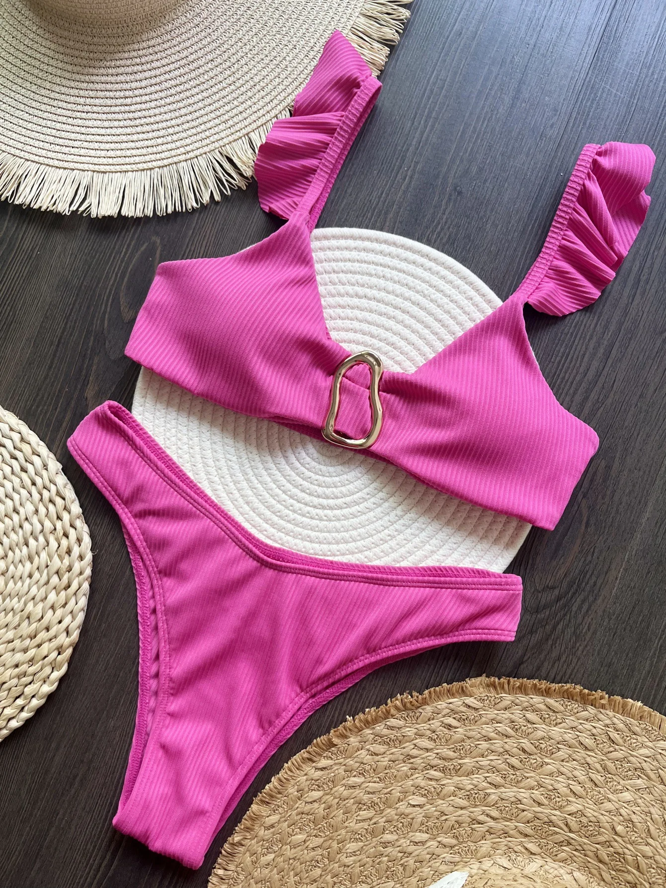 2025 Neues Damen-Bikini-Set, Rosenrot, 2-teiliger Badeanzug, Damen, sexy Rüschen, Hosenträger, rückenfrei, Strandurlaub, Badeanzug, Bademode Image