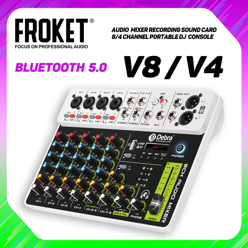 FROKET V8 Audio Mixer DJ Controller Mixer, 5.0 Bluetooth 48 V Phantomspeisung, geringer unterer Rauschen für Mischpult-PC-Aufnahmen Image