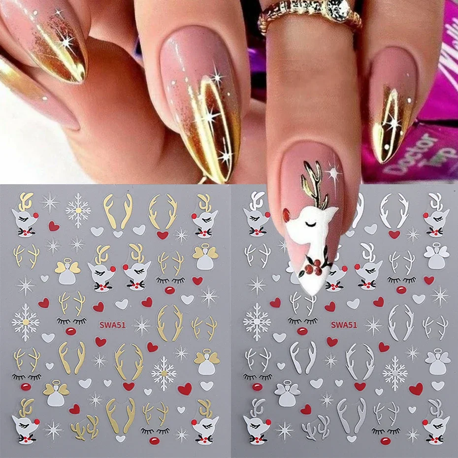 2 stücke 3d Gold Silber Elch Nail Art Aufkleber Cartoon Weihnachten Schneeflocken Aufkleber DIY Stern Herz Nail Art Maniküre Dekoration Abziehbilder Image