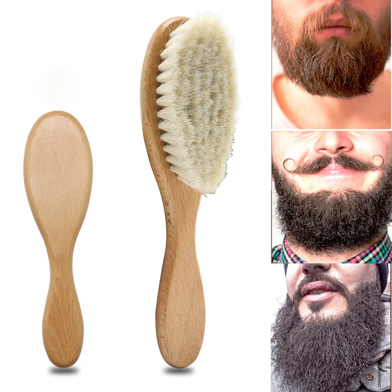 Weiche Ziegenmähne-Bürste für Herrenbart, ovaler Holzgriff, Haarschneiden, Staubentfernung, Haarstyling-Bürste, speziell für Echthaar-Perücken Image