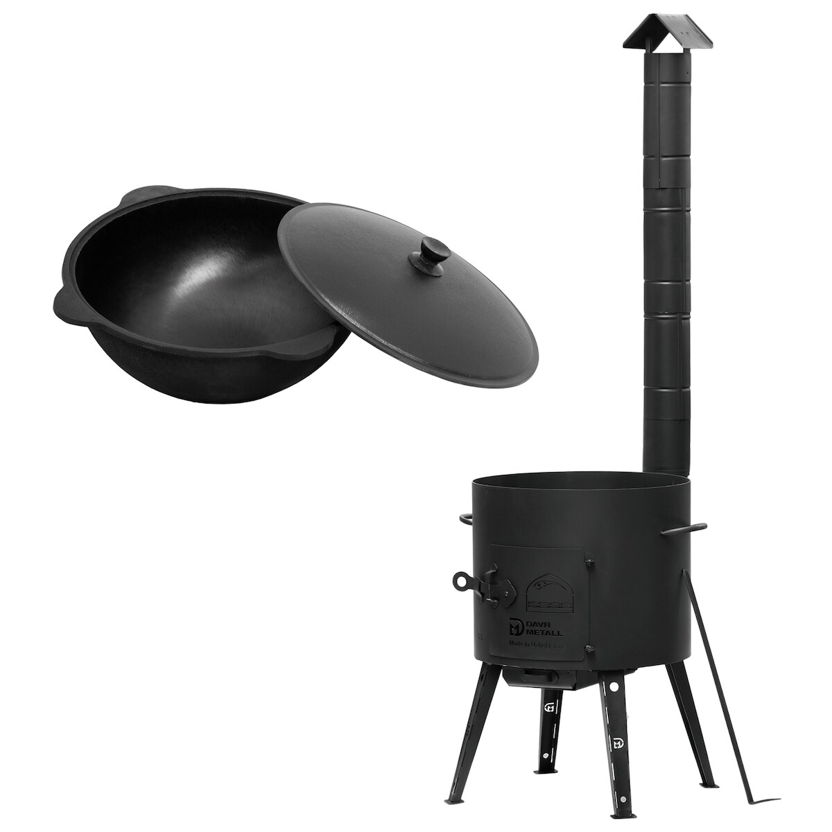 4BIG.fun Ø49 Uchag 2mm stahl Utschak mit Schornstein Abzugsrohr Utschag Campingofen 22L Kazan Rund Kasan Feuerstelle Feldküche Außenküche Eintopfofen Gulaschka Image