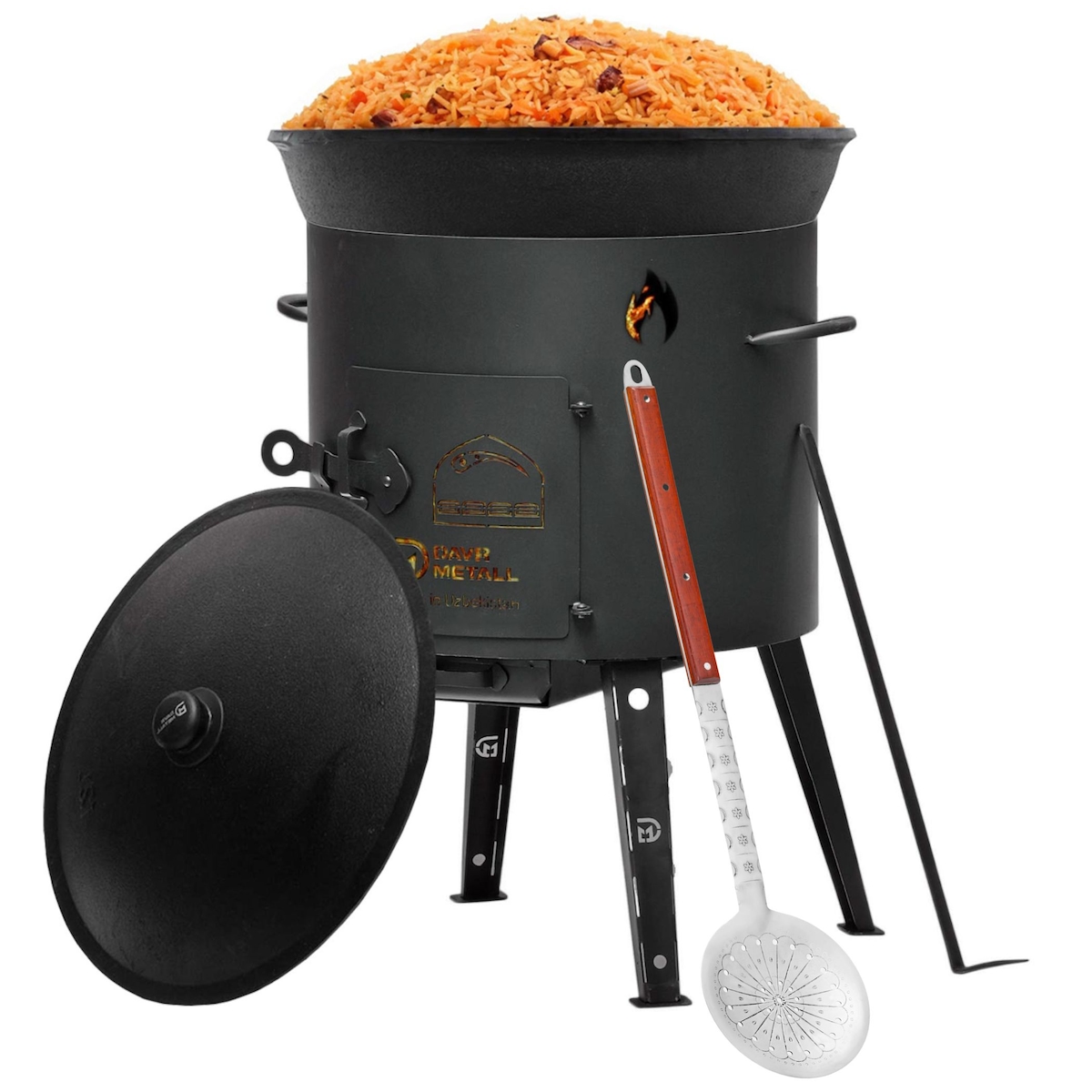 4BIG.fun Kazan 22 L mit Utschak Feuerofen Ø44 cm Uchag 2 mm Stahl Kasan Feuerstelle Utschag Campingofen Feldküche Außenküche Eintopfofen Kessel Camping BBQ Image