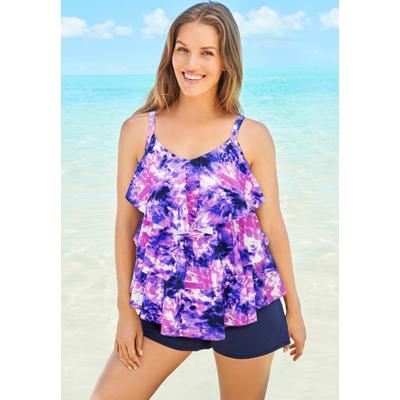 Plus Size Women's Longer-Length Tiered-Ruffle Tankini Top by Swim 365 in Purple Tie Dye (Size 14)