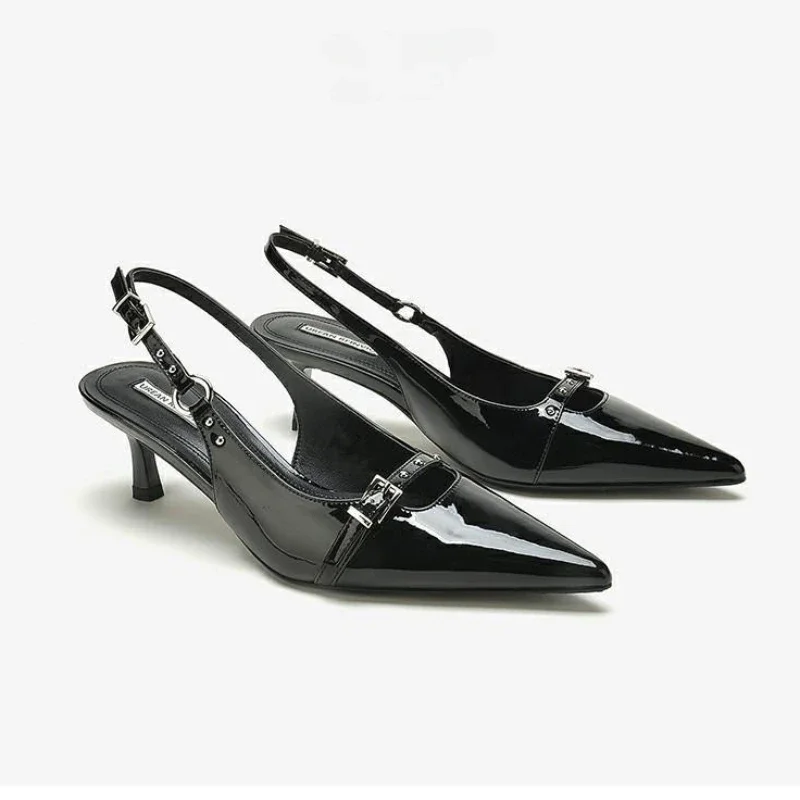 Nero Slingback Cinturino alla caviglia Fibbia Scarpe tacco alto Tacco a spillo Punta a punta Décolleté da donna Tacco superficiale sandali de mujer