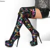 Olomm Neue handgemachte Frauen Oberschenkel hohe Stiefel Stiletto Heels Runde Kappe wunderschöne Graffiti Party Club Schuhe Frauen US Größe 5-13
