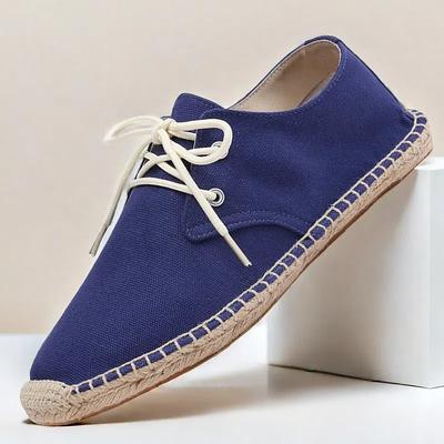 Men's Blue Canvas Espadrille Lace-Up Shoes with Jute Rope Sole – Comfortable Summer Casual Footwear