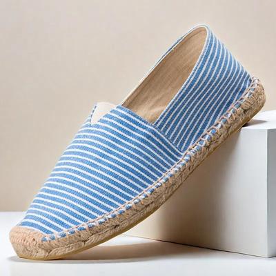 Men's Blue and White Striped Canvas Espadrille Slip-On Shoes with Jute Rope Sole – Comfortable Summer Footwear